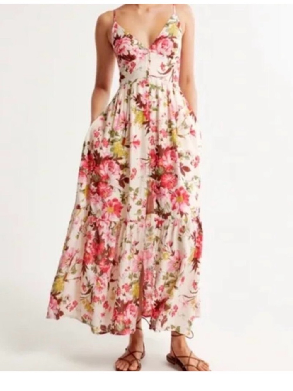 Abercrombie & Fitch Pink Floral Spaghetti-Strap Maxi Dress- Small